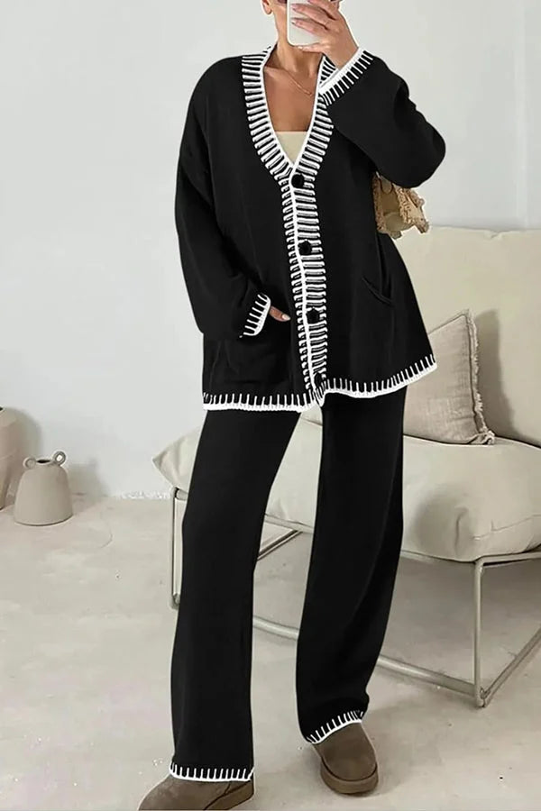 Claudia | Damen Strick-Loungewear-Set mit Knopfpullover und Weiten Hosen