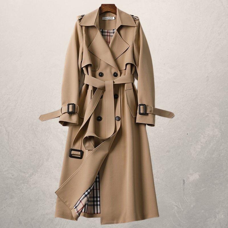 Leonie | Damen Doppelreihiger Langer Trenchcoat mit Gürtel