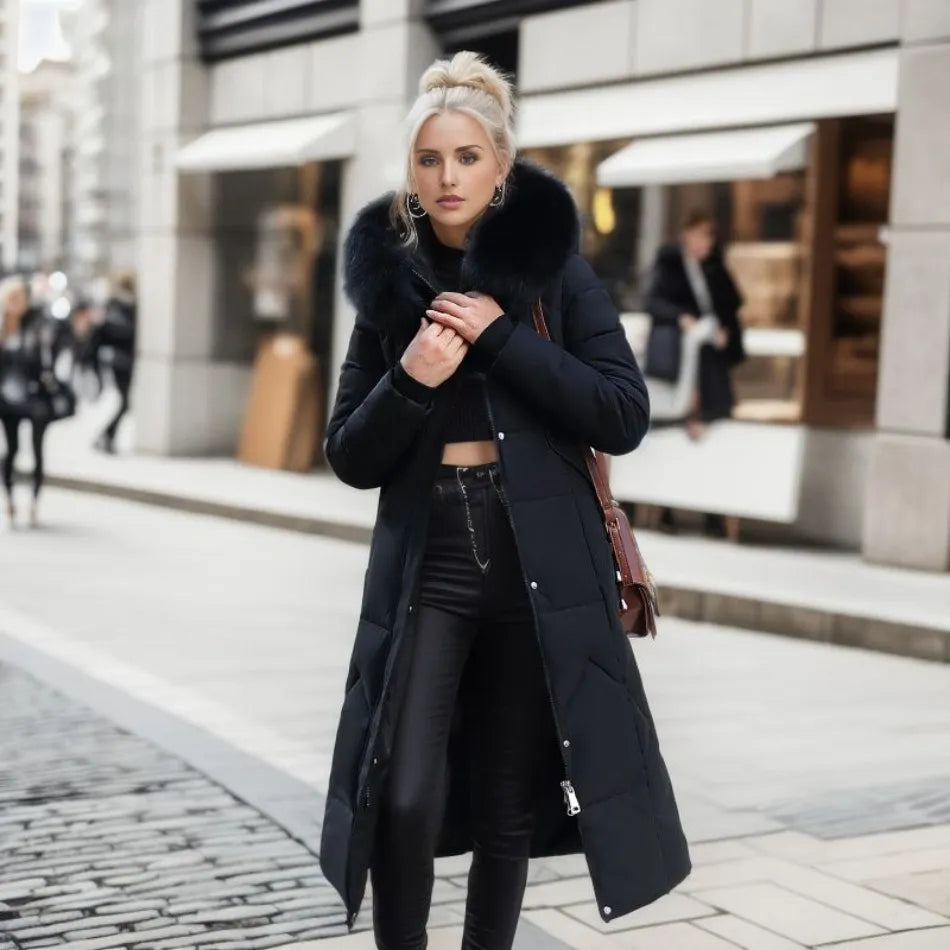 Jessica | Damen Winter Steppmantel mit Kapuzenbesatz