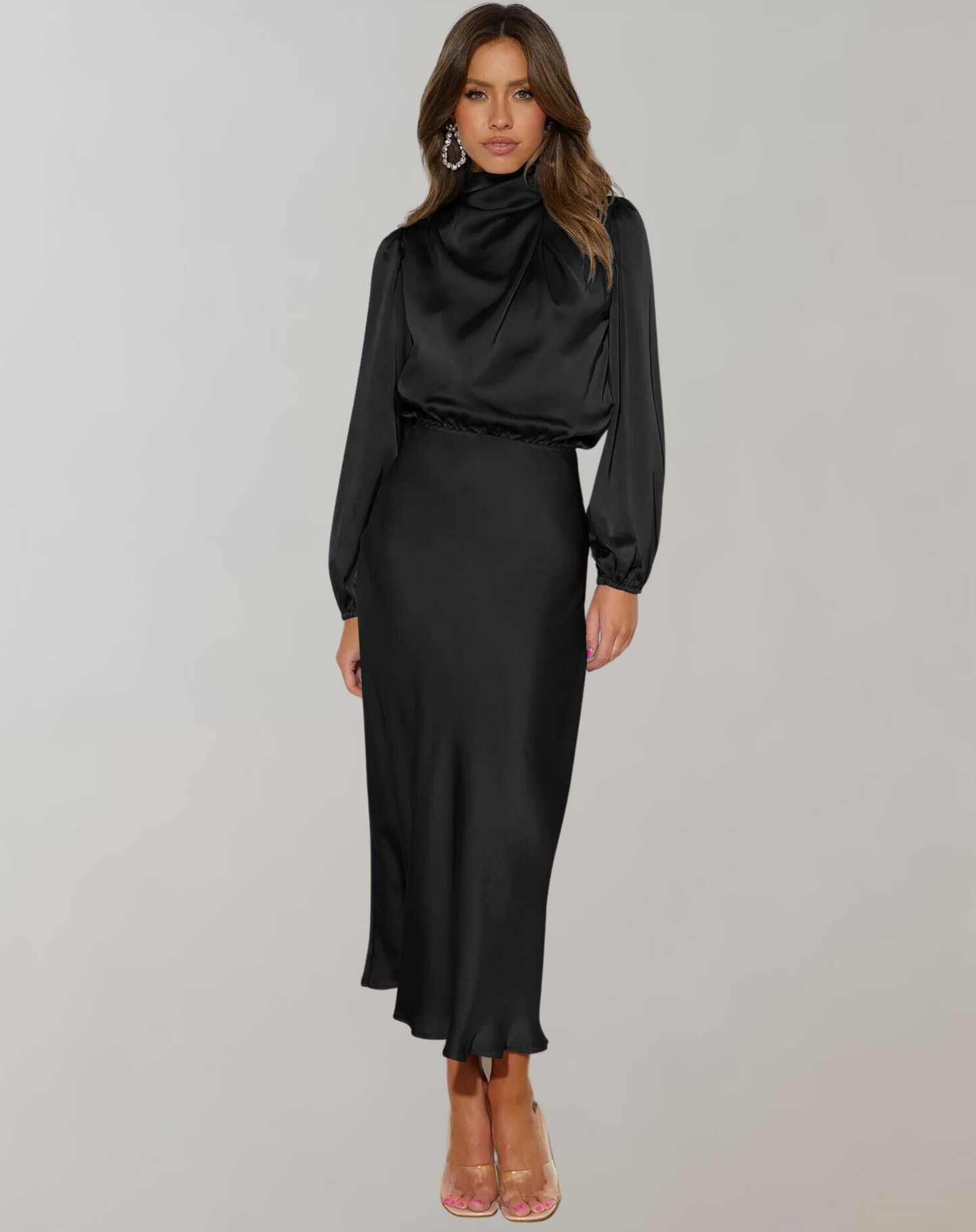 Anna | Damen Elegantes Satin Langarmkleid