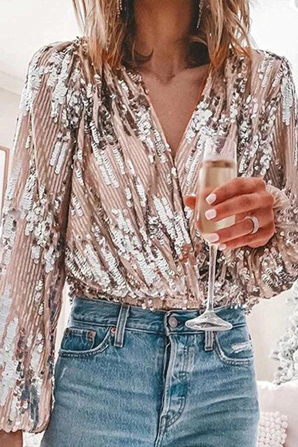 Daniela | Glitzerndes Glamour Top mit V-Ausschnitt