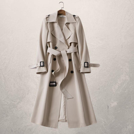 Leonie | Damen Doppelreihiger Langer Trenchcoat mit Gürtel