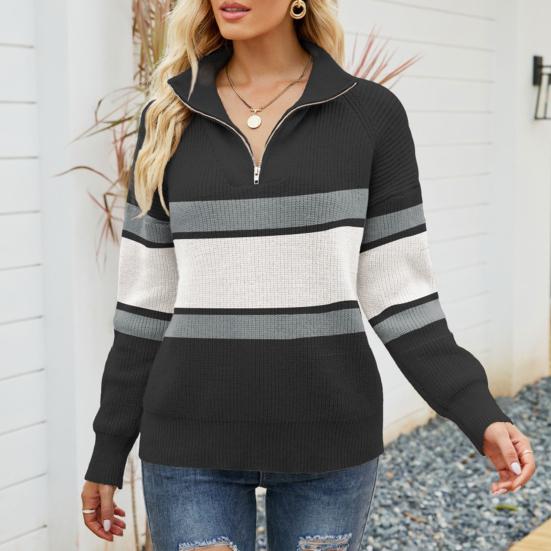 Elke | Damen Winterpullover mit Reißverschluss und Streifen