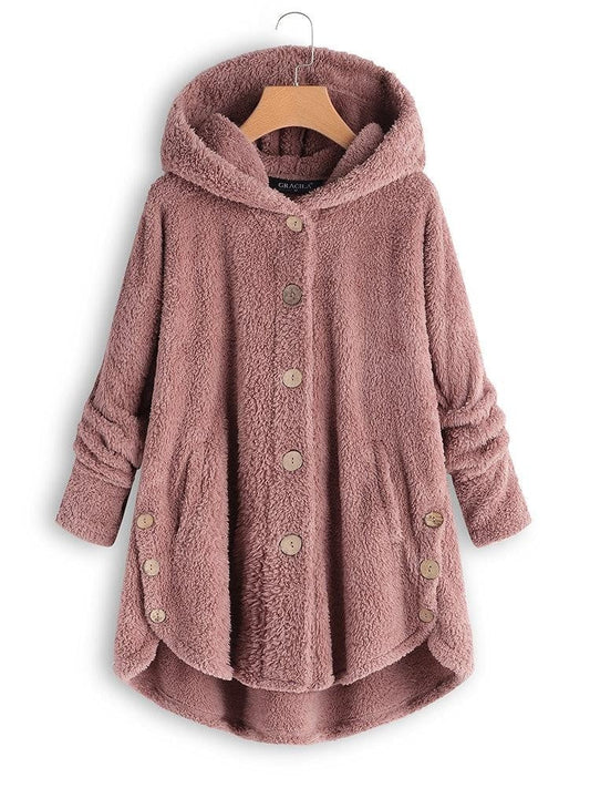 Lara | Damen Wintermantel aus Flausch mit Kapuze und Knöpfen