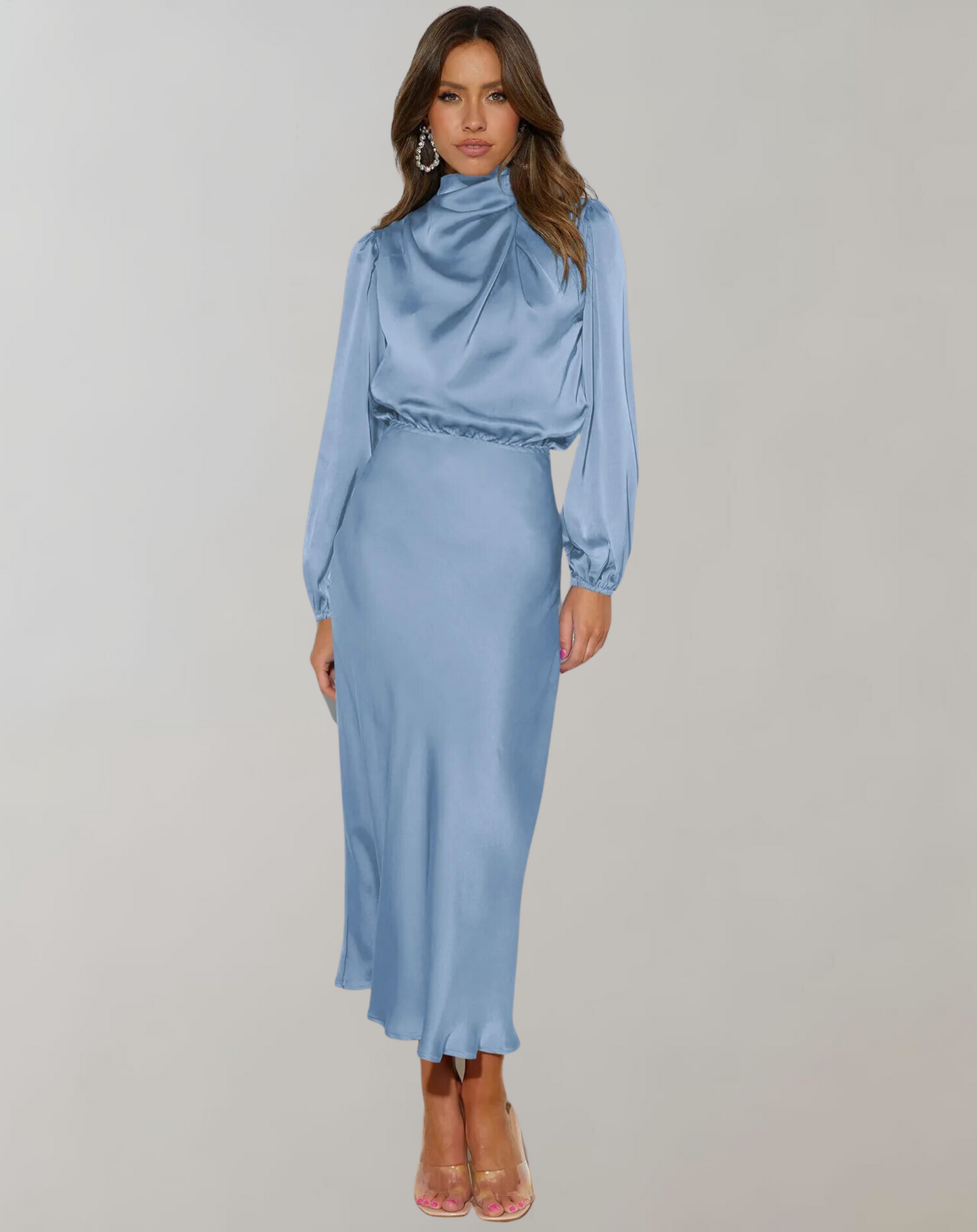 Anna | Damen Elegantes Satin Langarmkleid