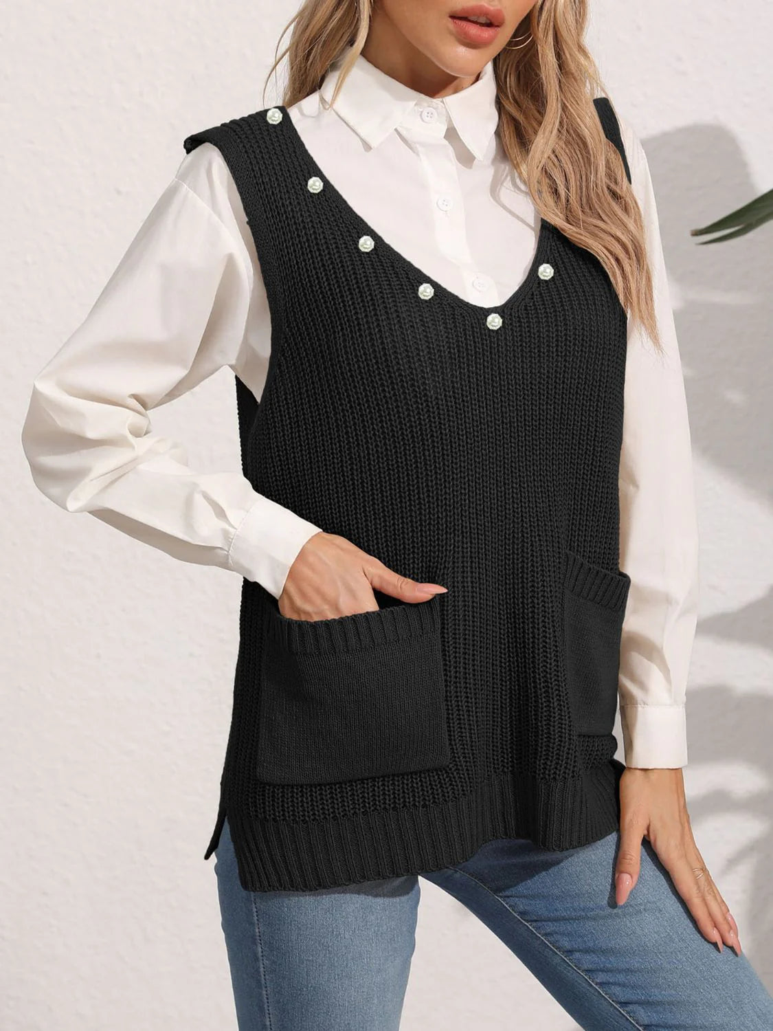 Kathrin | Damen Winter-Pulloverweste mit Perlendetails