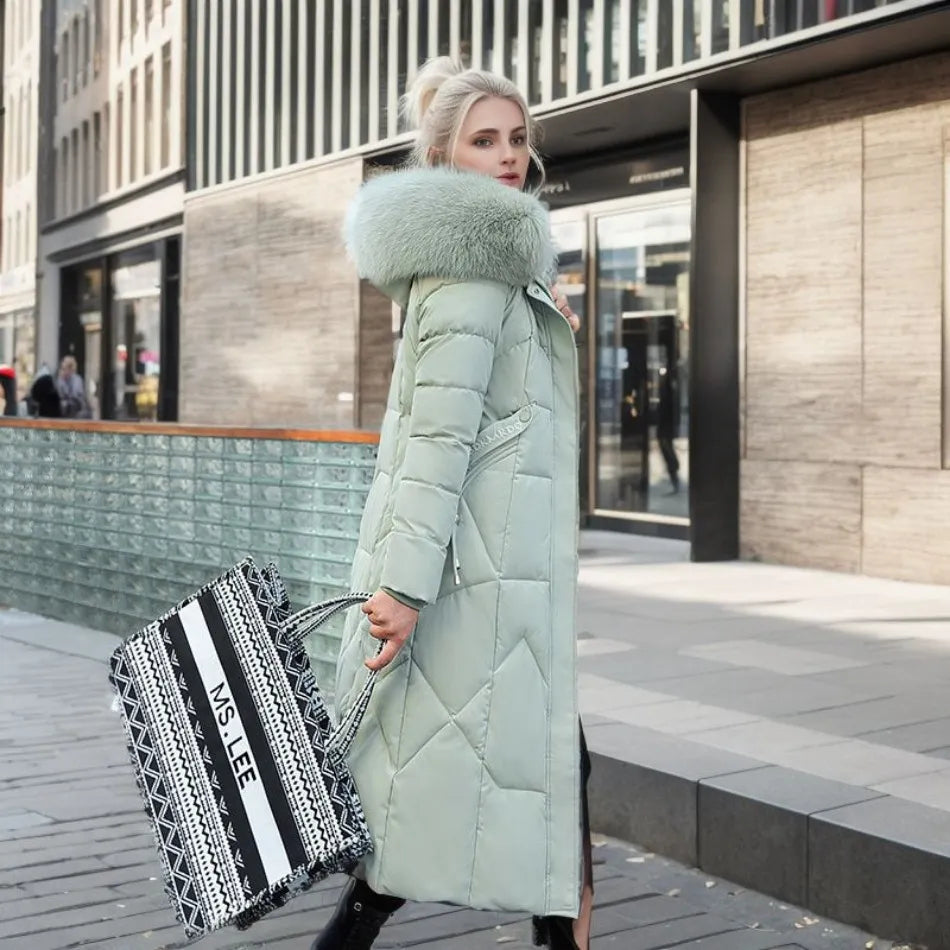 Jessica | Damen Winter Steppmantel mit Kapuzenbesatz