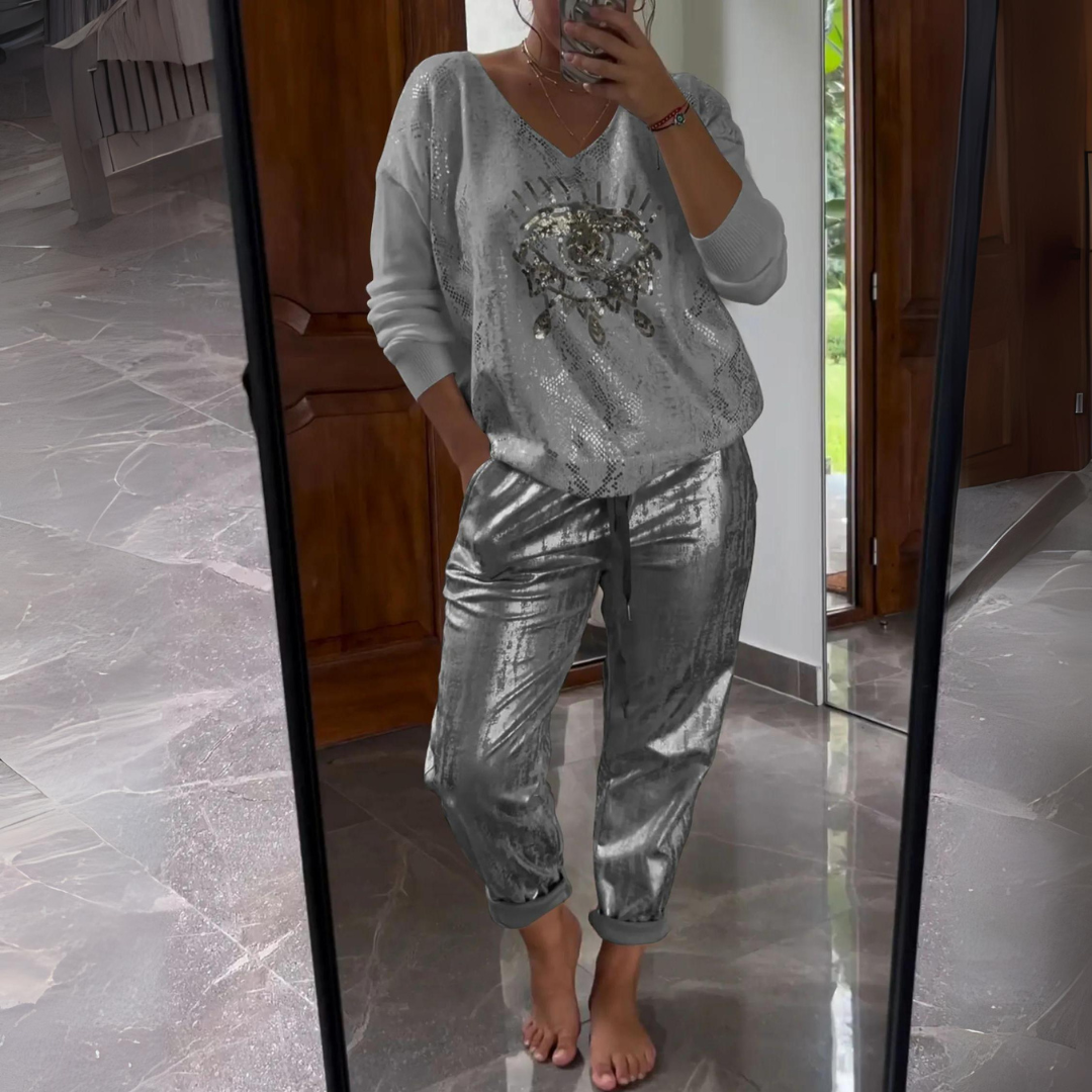 Anja | Damen Trendy Top und Hose mit Augenprint