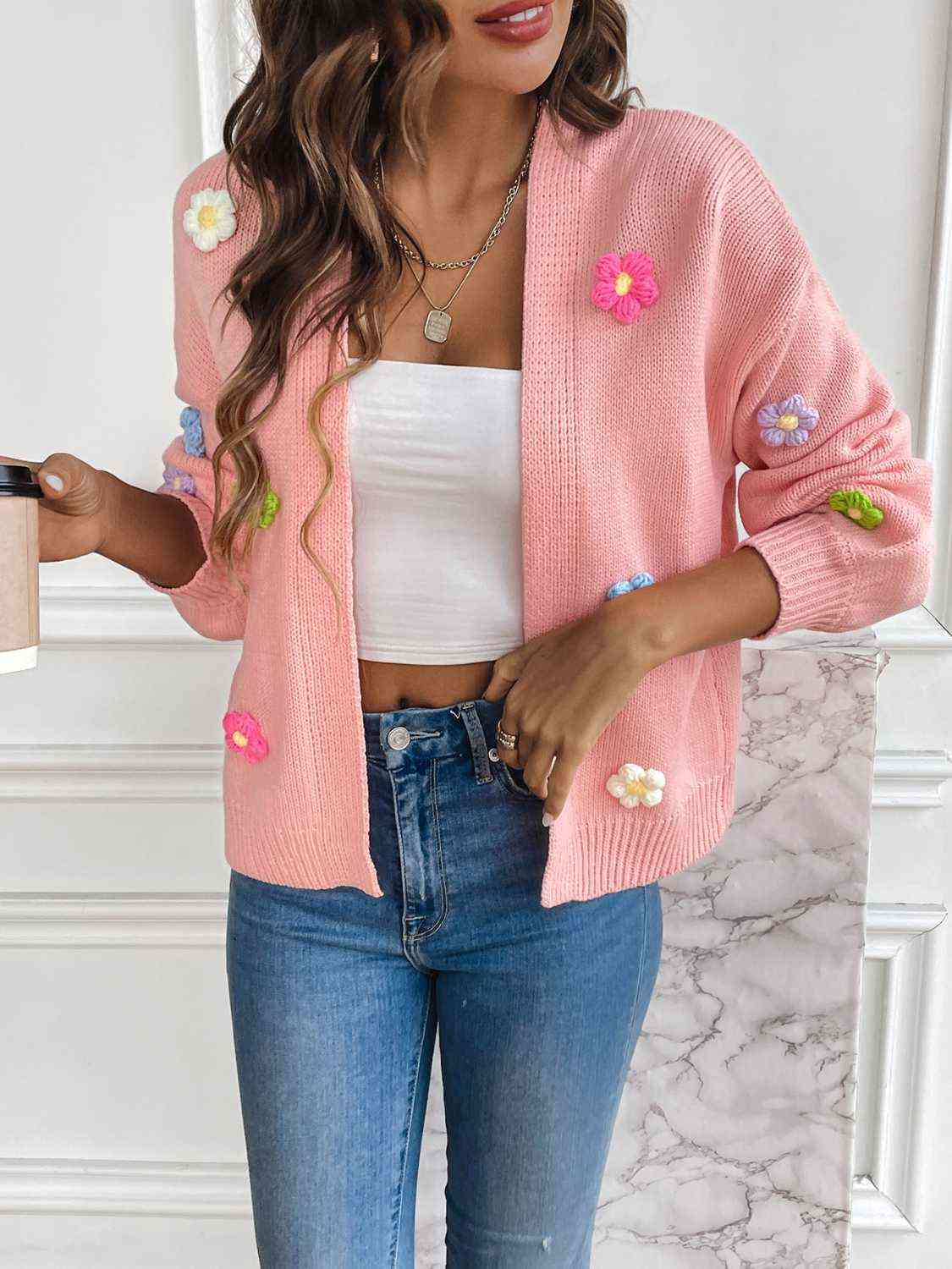 Michaela | Damen Winter-Cardigan mit Blumenstickerei