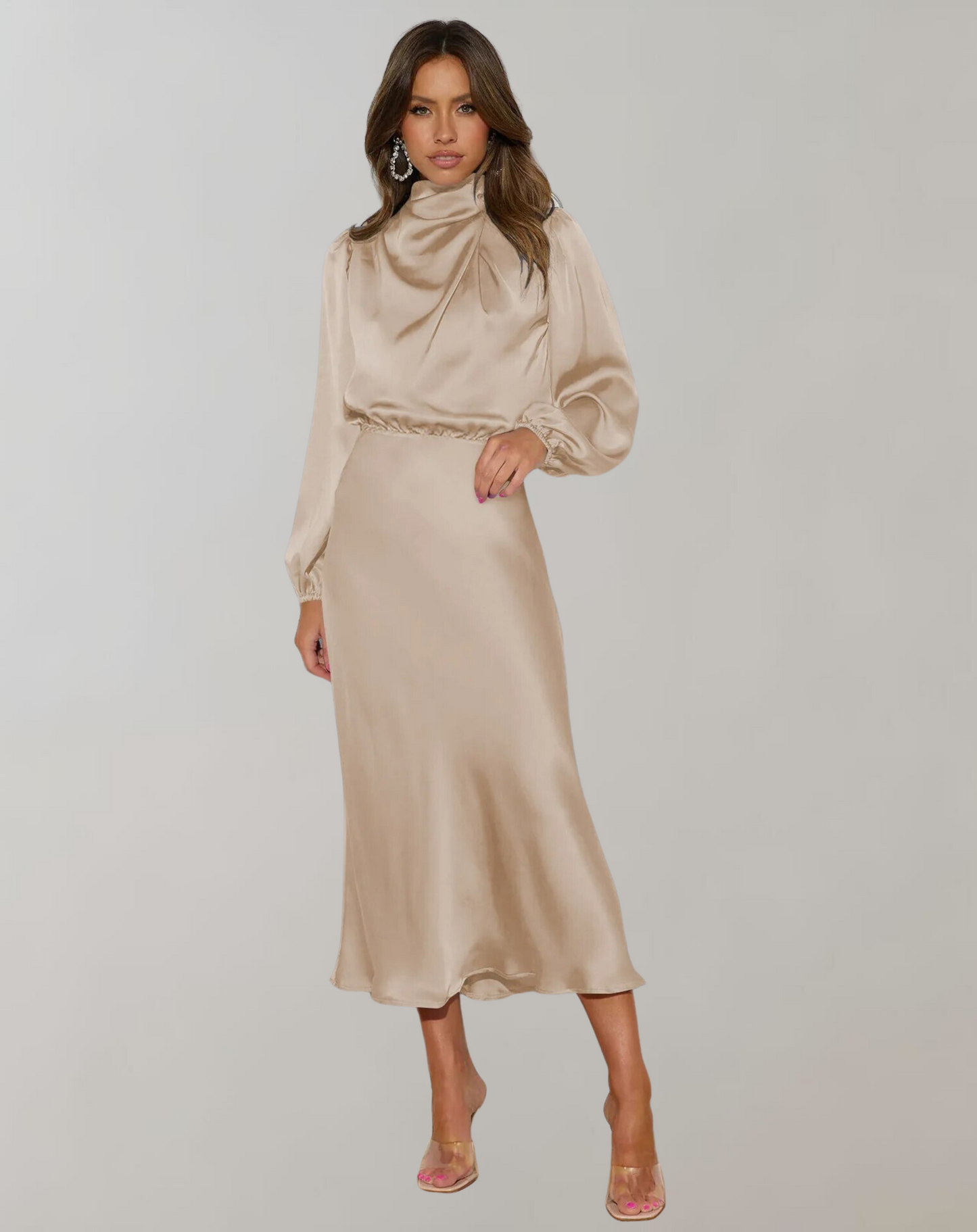 Anna | Damen Elegantes Satin Langarmkleid