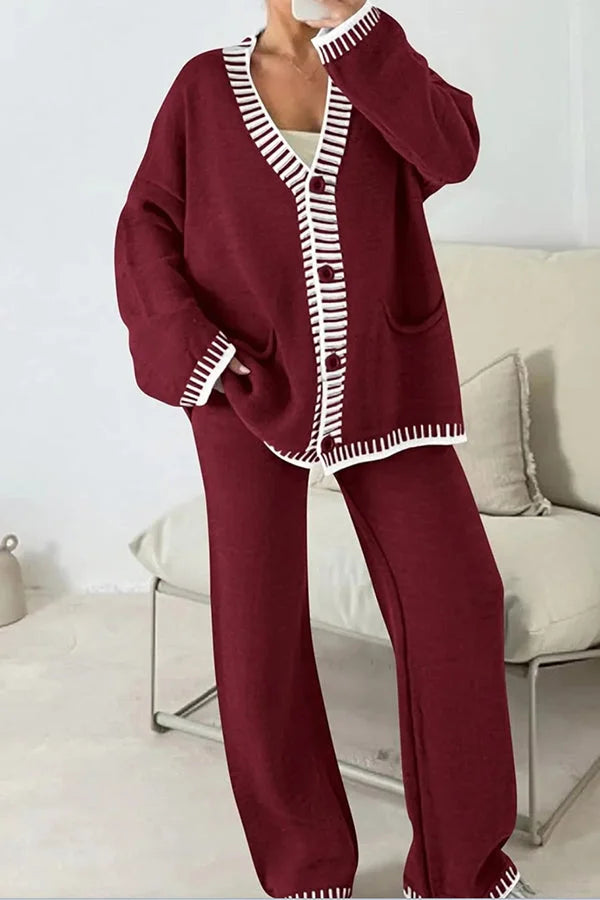 Claudia | Damen Strick-Loungewear-Set mit Knopfpullover und Weiten Hosen