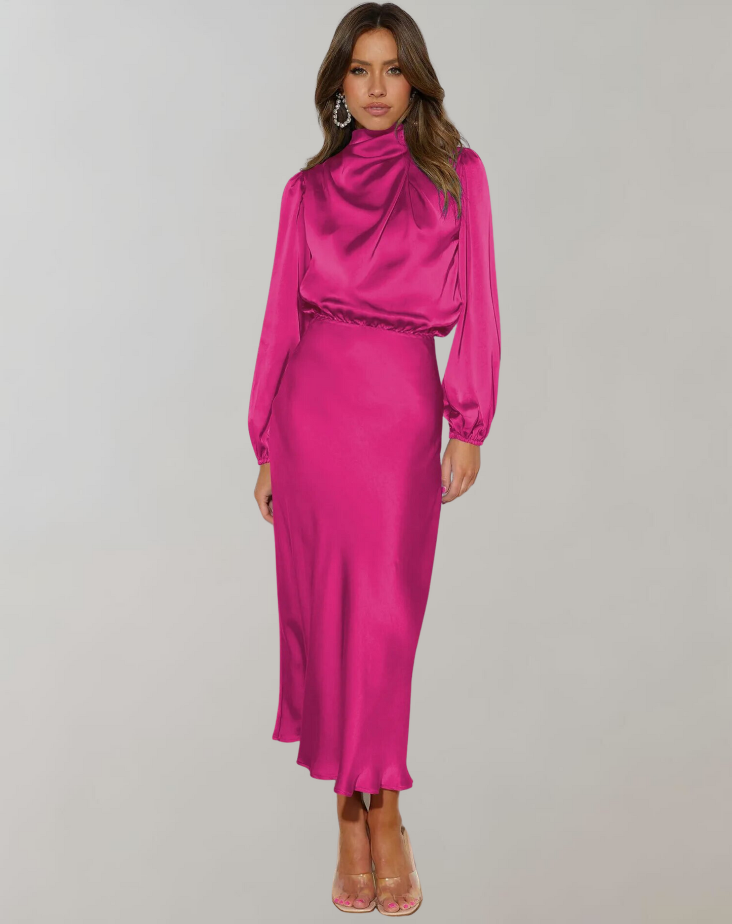Anna | Damen Elegantes Satin Langarmkleid