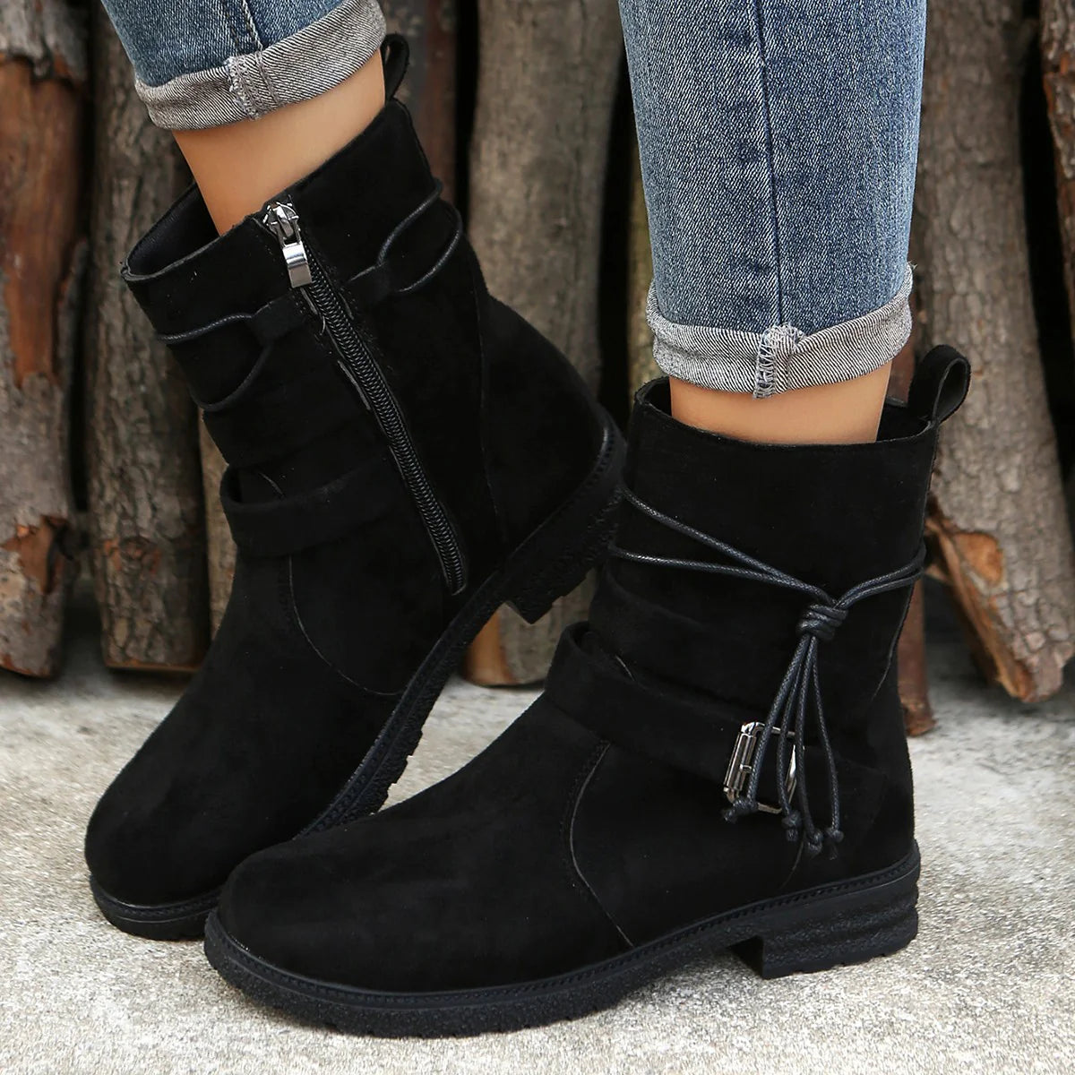 Emma | Damen Winter Stiefeletten mit Reißverschluss und Schnallenriemen