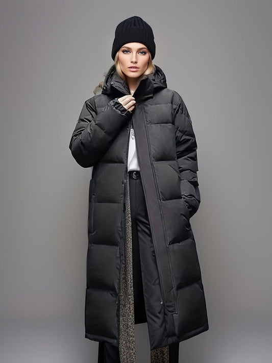 Angela | Damen Winter Langer Steppmantel mit Kapuze