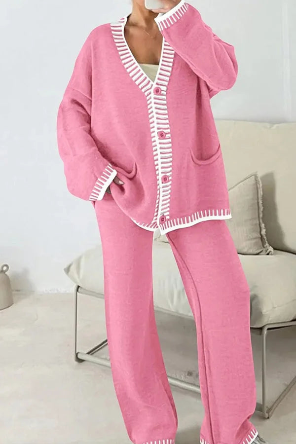 Claudia | Damen Strick-Loungewear-Set mit Knopfpullover und Weiten Hosen