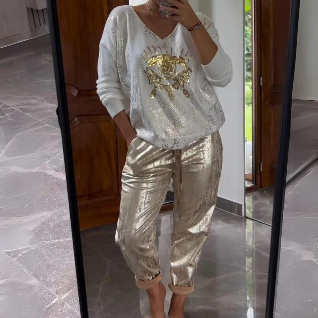 Anja | Damen Trendy Top und Hose mit Augenprint