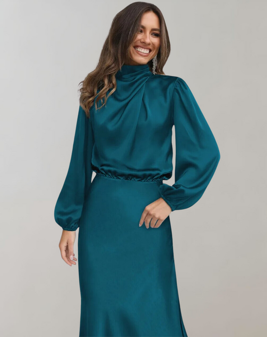 Anna | Damen Elegantes Satin Langarmkleid