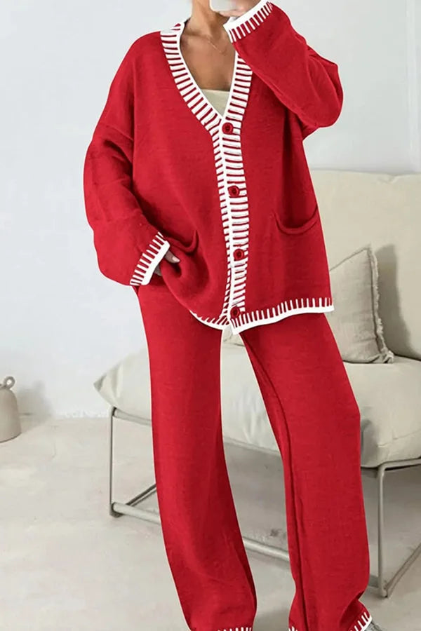 Claudia | Damen Strick-Loungewear-Set mit Knopfpullover und Weiten Hosen