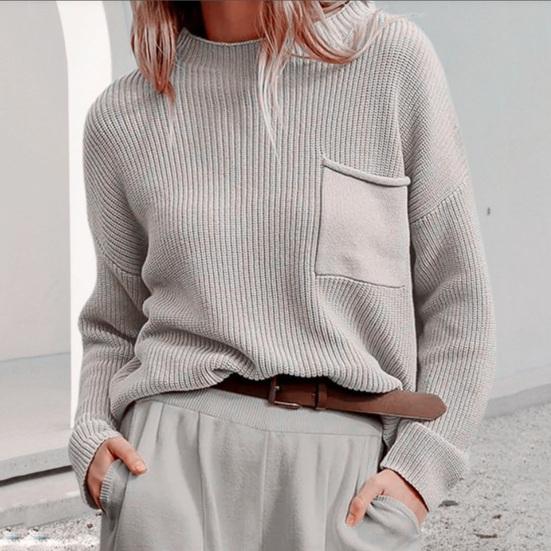 Verena | Damen Winter Strickpullover mit Rippmuster und Tasche