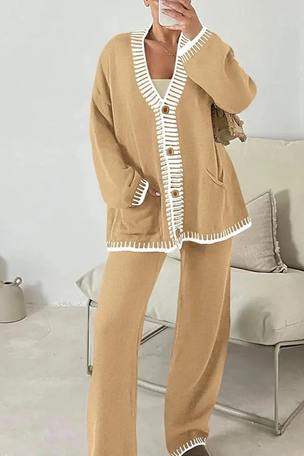 Claudia | Damen Strick-Loungewear-Set mit Knopfpullover und Weiten Hosen