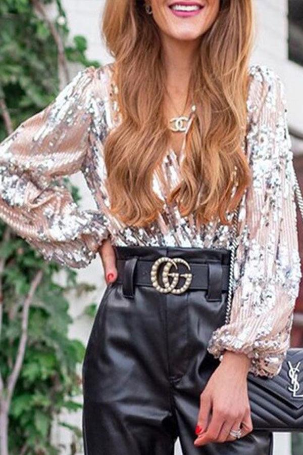 Daniela | Glitzerndes Glamour Top mit V-Ausschnitt