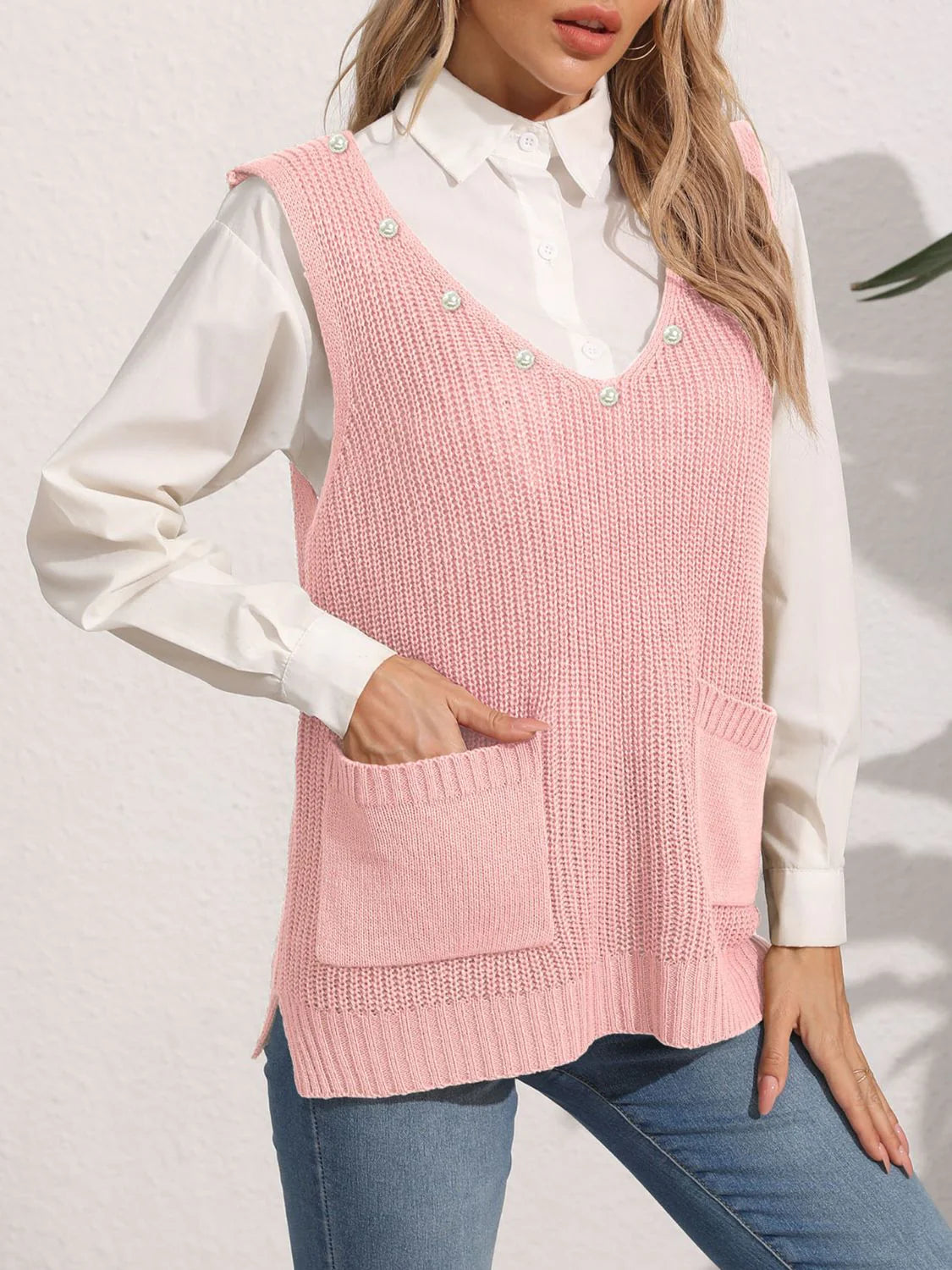 Kathrin | Damen Winter-Pulloverweste mit Perlendetails