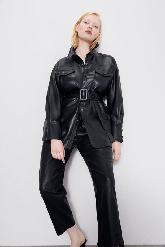 Greta | Damen Winter-Lederhemdjacke mit Gürtel