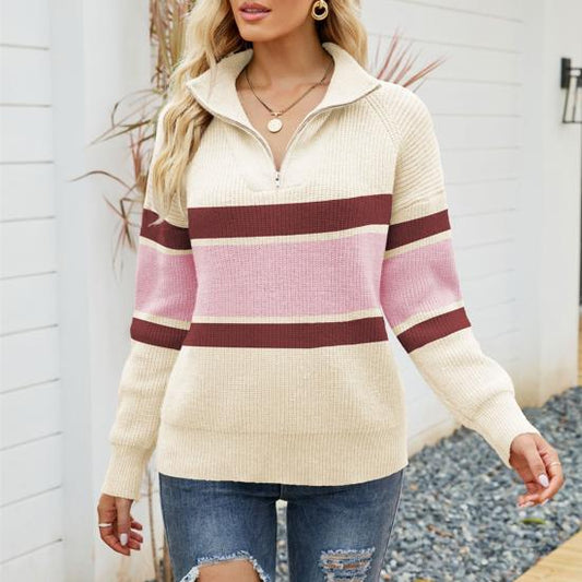 Elke | Damen Winterpullover mit Reißverschluss und Streifen