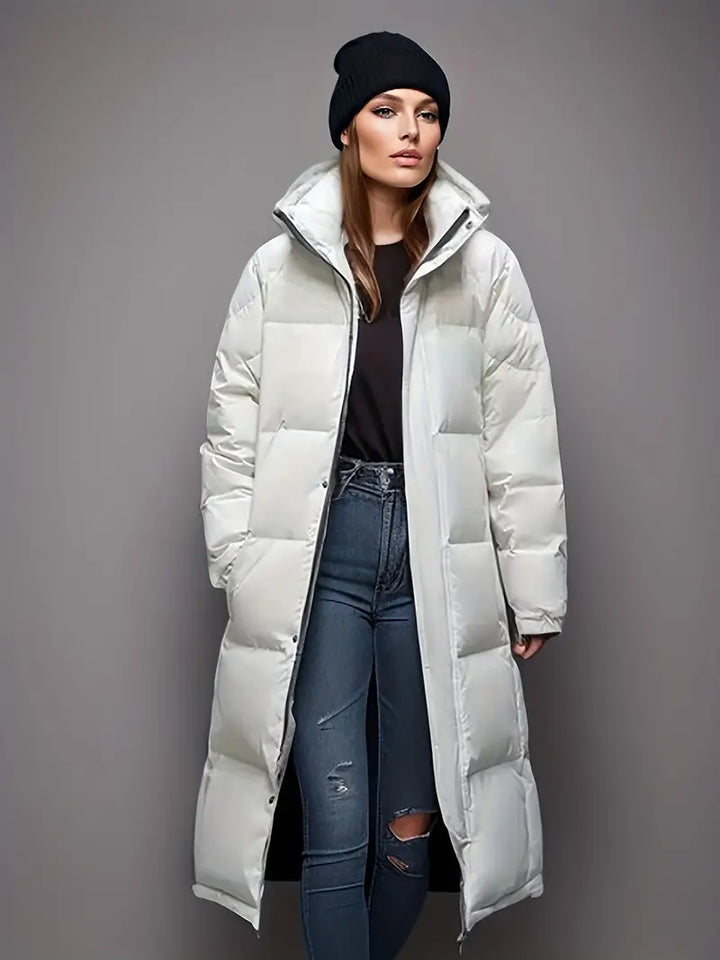 Angela | Damen Winter Langer Steppmantel mit Kapuze