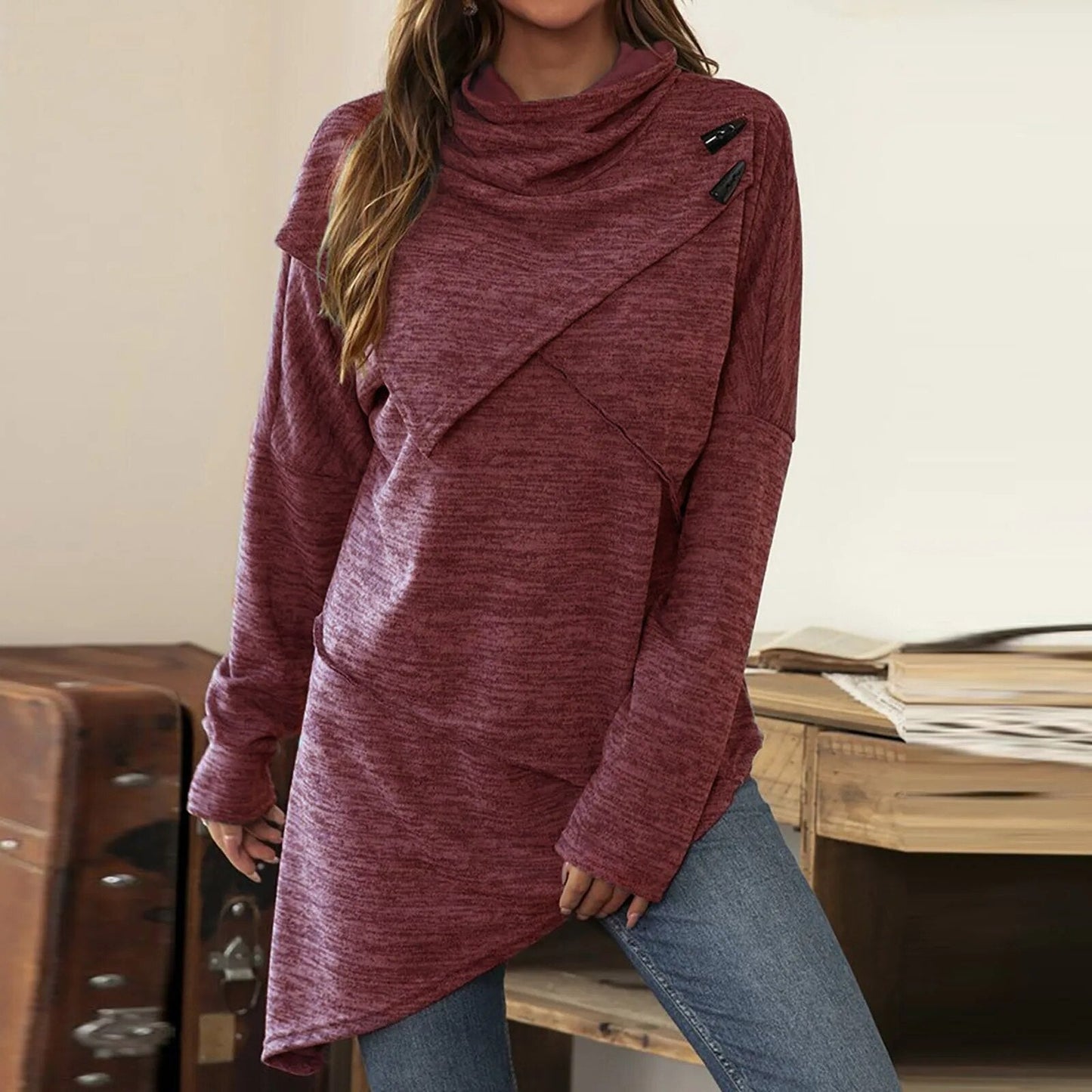 Anna | Damen Asymmetrische Pullover Tunika mit Knöpfen