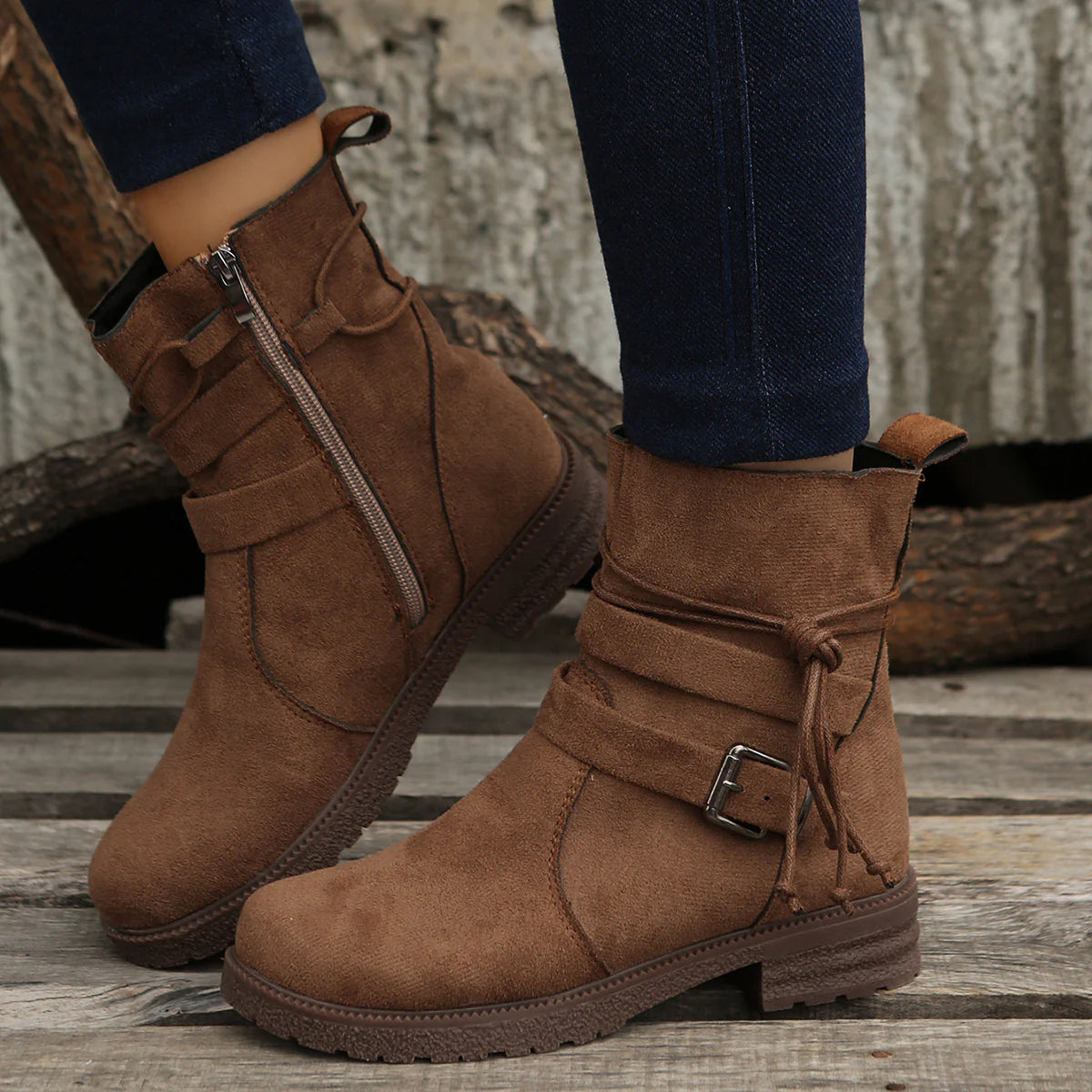 Emma | Damen Winter Stiefeletten mit Reißverschluss und Schnallenriemen