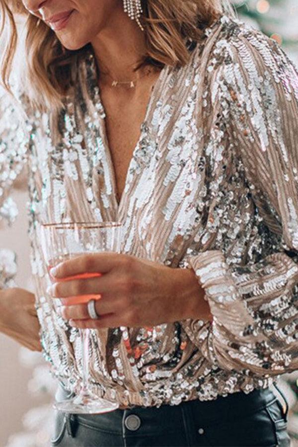 Daniela | Glitzerndes Glamour Top mit V-Ausschnitt