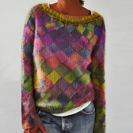 Angela | Damen Gemusterter Strickpullover mit weitem Ausschnitt