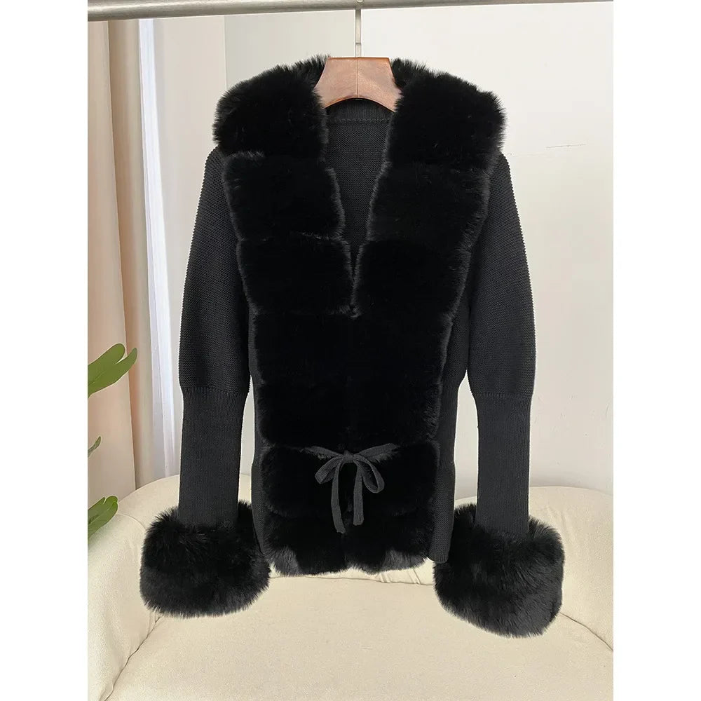Edith | Damen Cardigan mit Kunstpelzbesatz und Bindegürtel