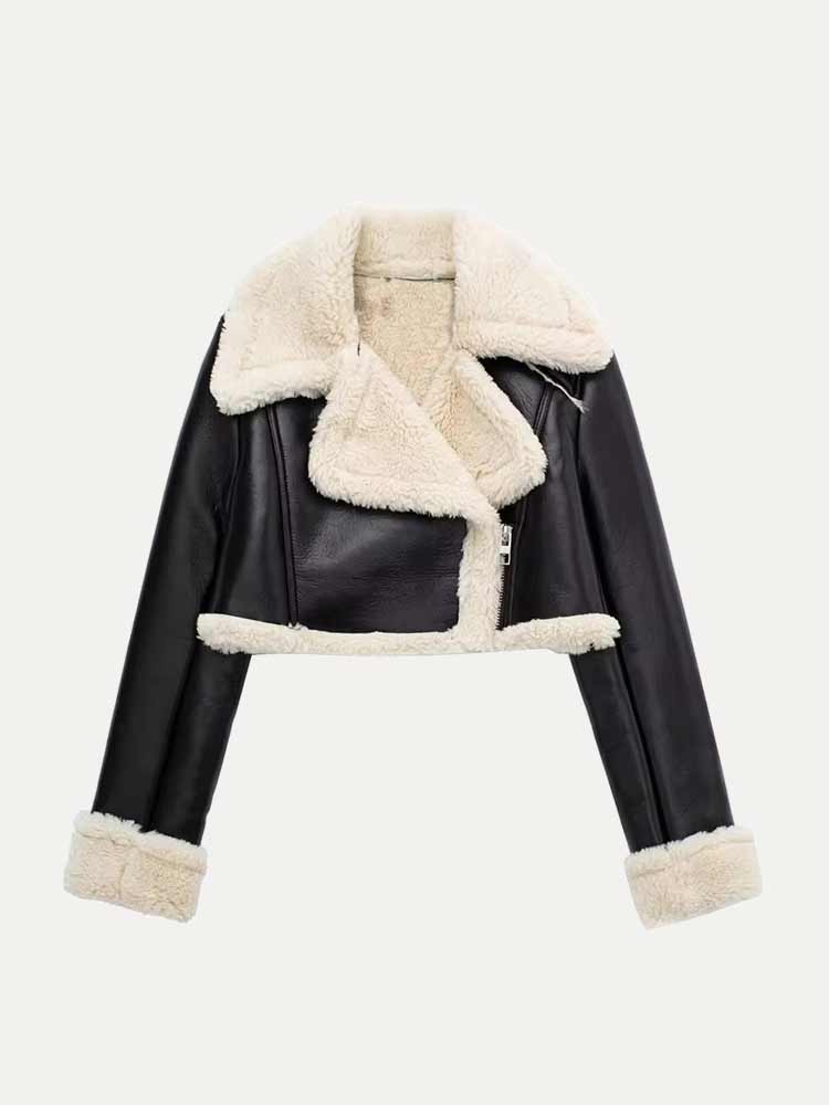 Hanna | Damen Kurze Lederjacke mit Shearling-Kragen