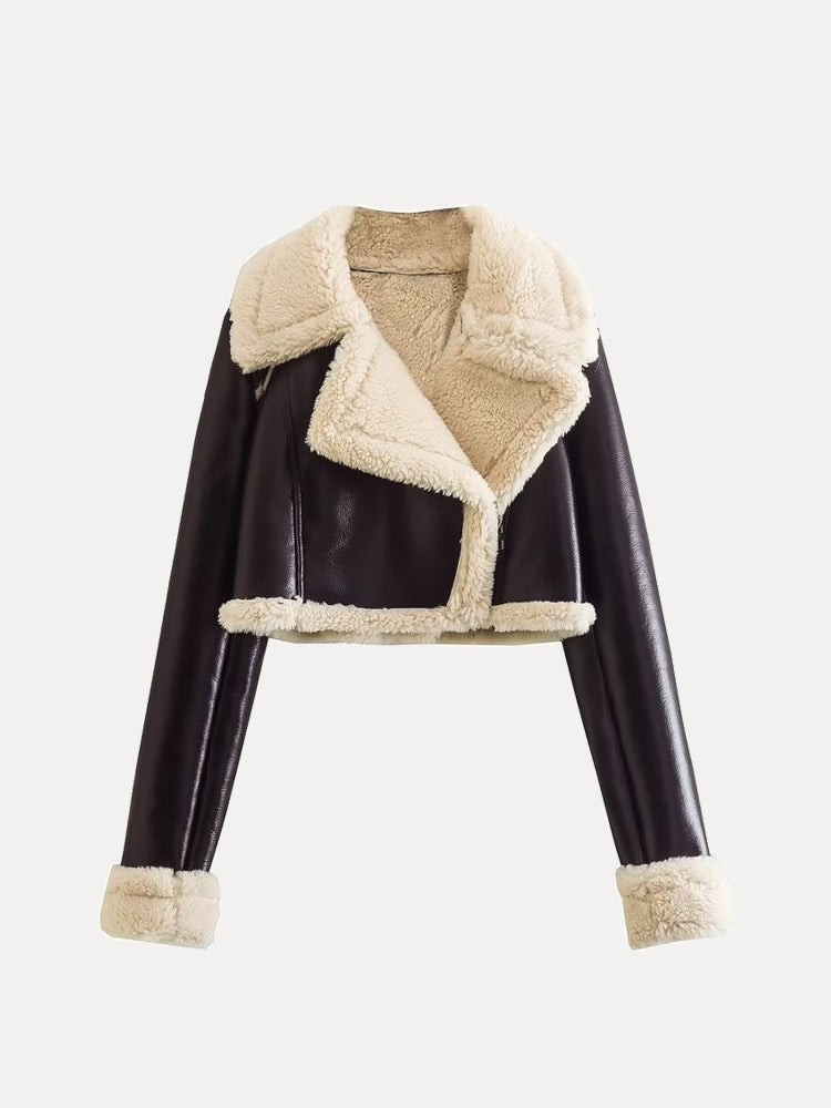 Hanna | Damen Kurze Lederjacke mit Shearling-Kragen