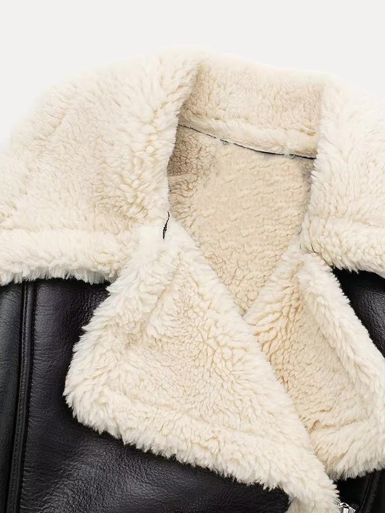 Hanna | Damen Kurze Lederjacke mit Shearling-Kragen