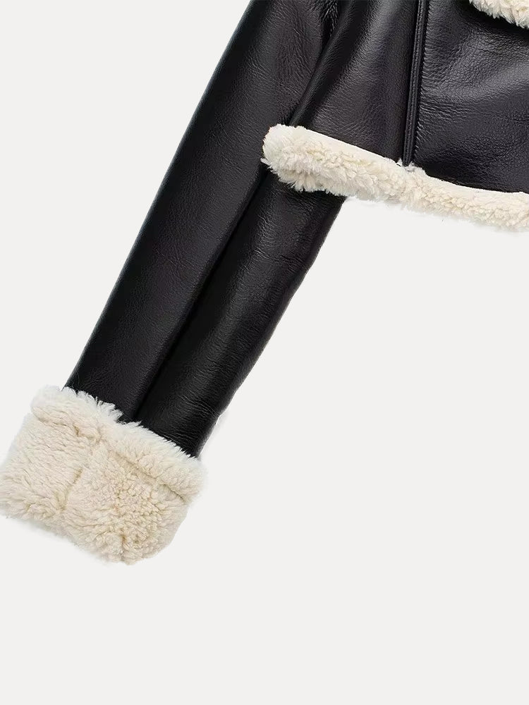 Hanna | Damen Kurze Lederjacke mit Shearling-Kragen