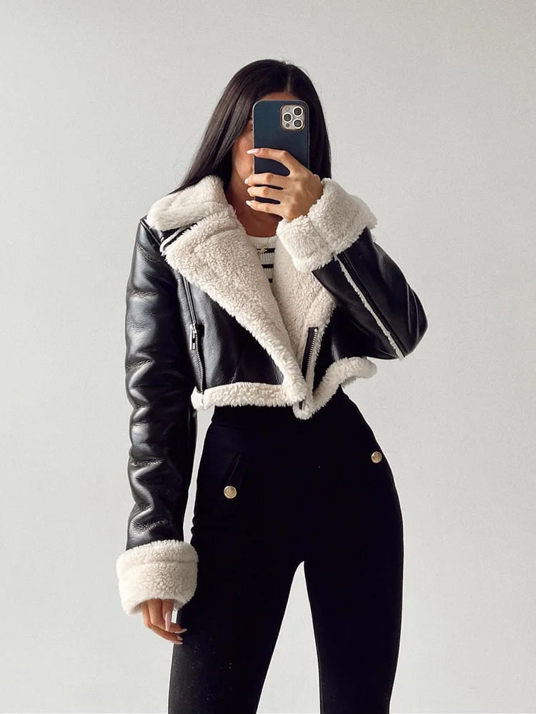 Hanna | Damen Kurze Lederjacke mit Shearling-Kragen
