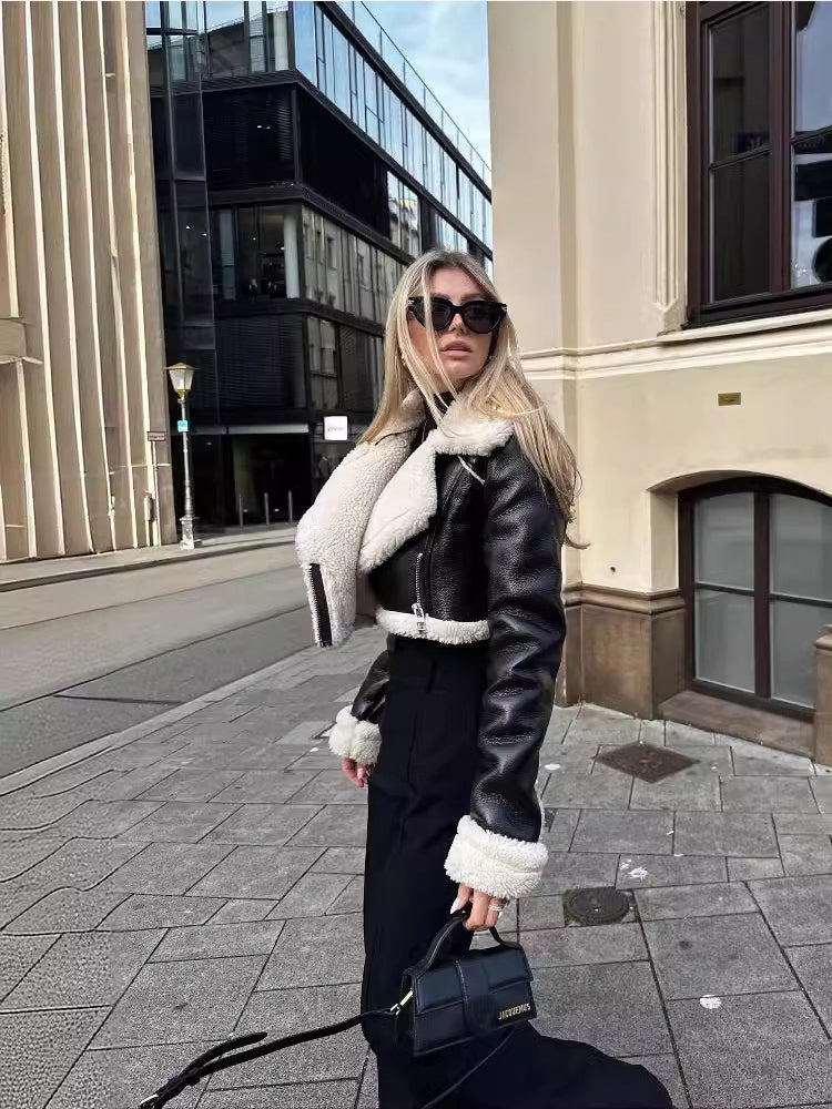 Hanna | Damen Kurze Lederjacke mit Shearling-Kragen
