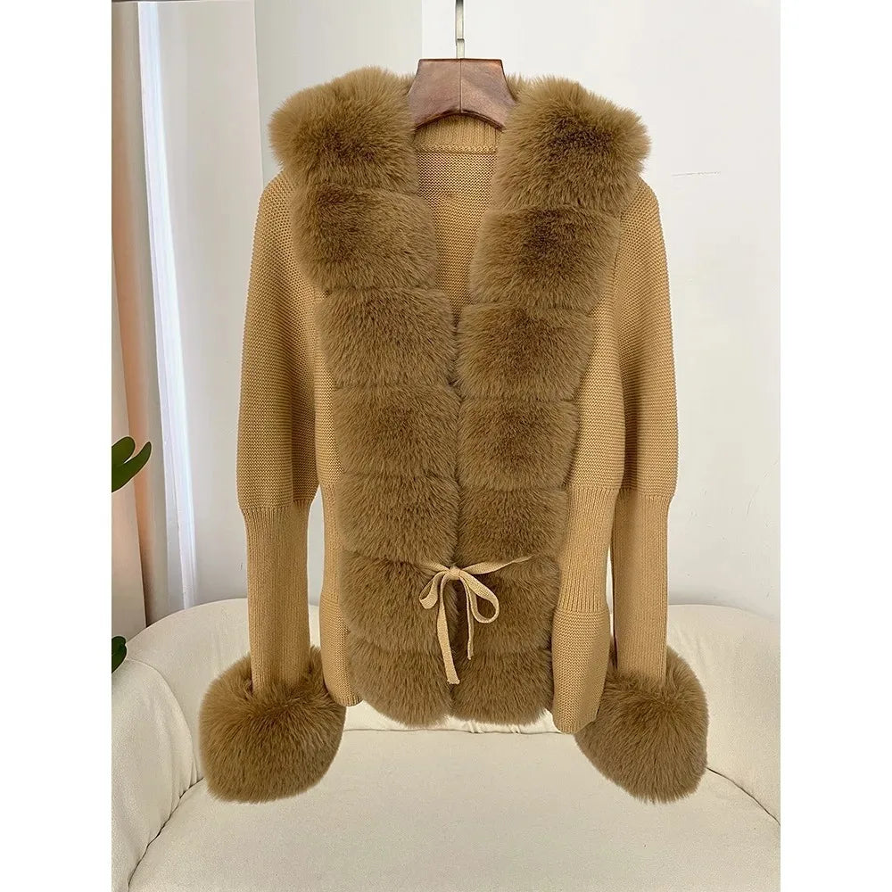Edith | Damen Cardigan mit Kunstpelzbesatz und Bindegürtel