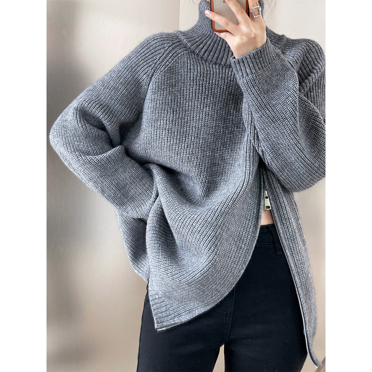 Kathrin | Damen Winter Gerippter Strickpullover mit Reißverschluss
