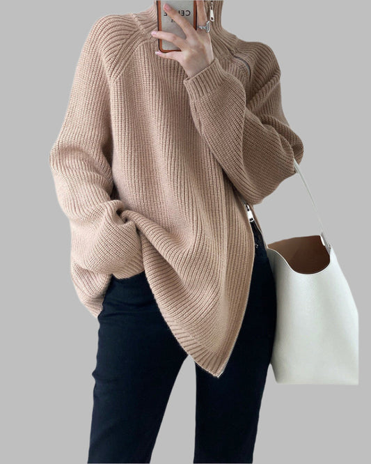 Kathrin | Damen Winter Gerippter Strickpullover mit Reißverschluss