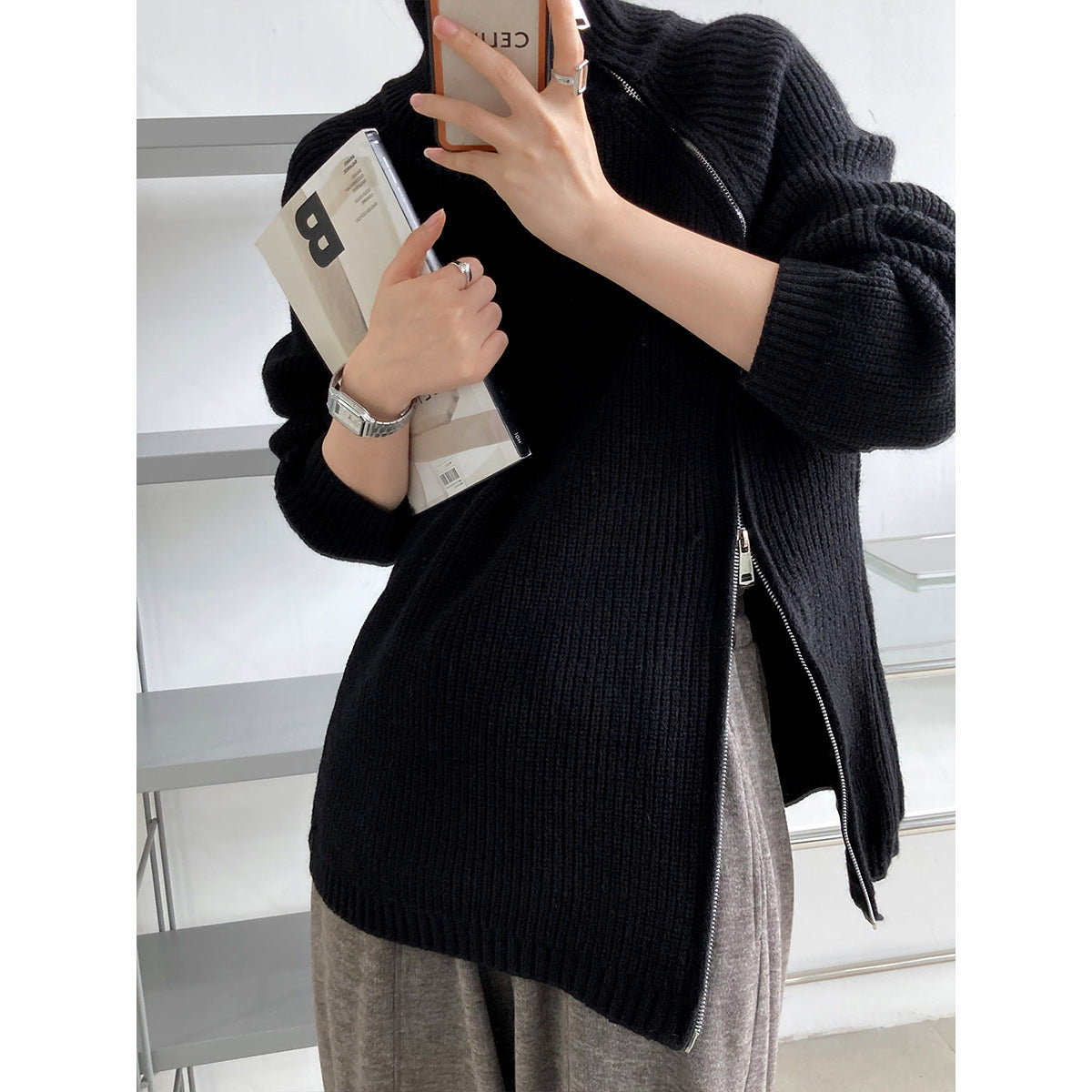 Kathrin | Damen Winter Gerippter Strickpullover mit Reißverschluss