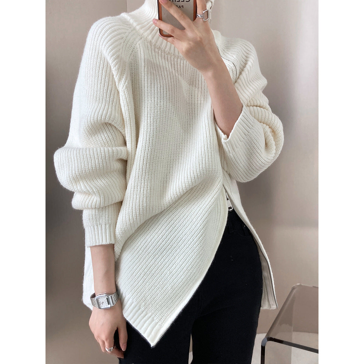 Kathrin | Damen Winter Gerippter Strickpullover mit Reißverschluss