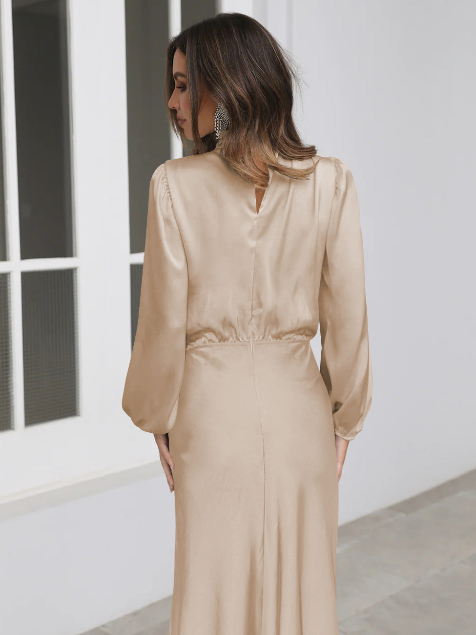 Anna | Damen Elegantes Satin Langarmkleid