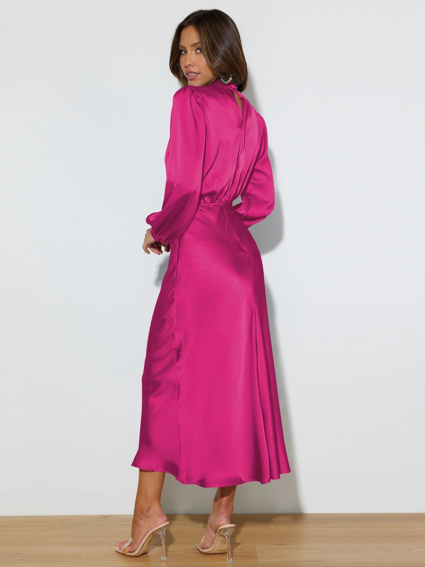 Anna | Damen Elegantes Satin Langarmkleid