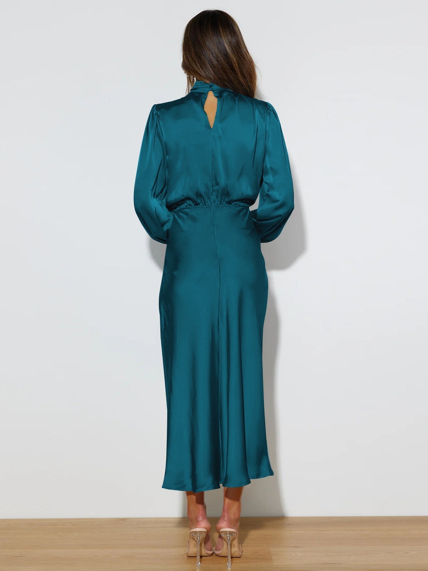 Anna | Damen Elegantes Satin Langarmkleid