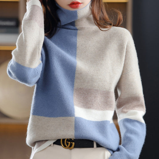 Karin | Damen Rollkragen Strickpullover mit Blockmuster