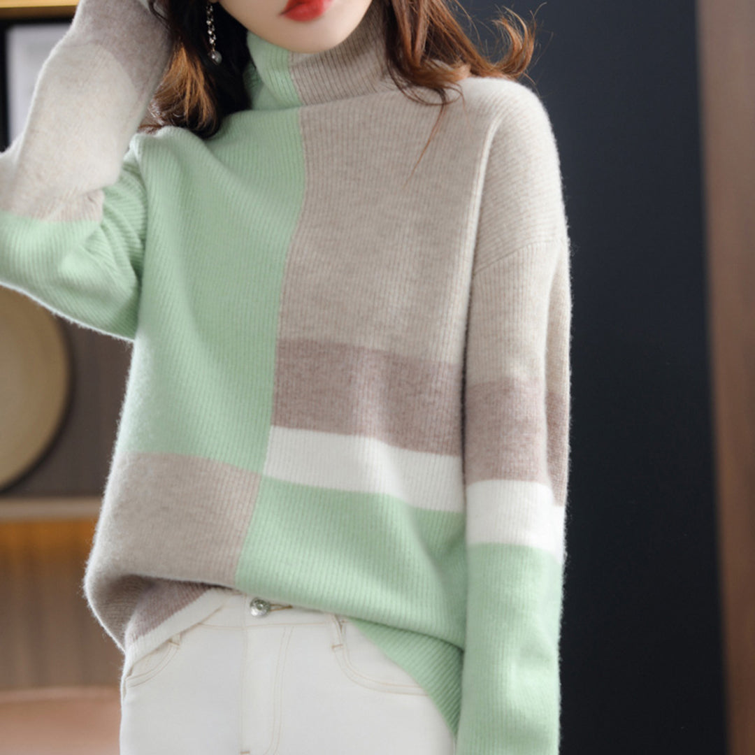Karin | Damen Rollkragen Strickpullover mit Blockmuster